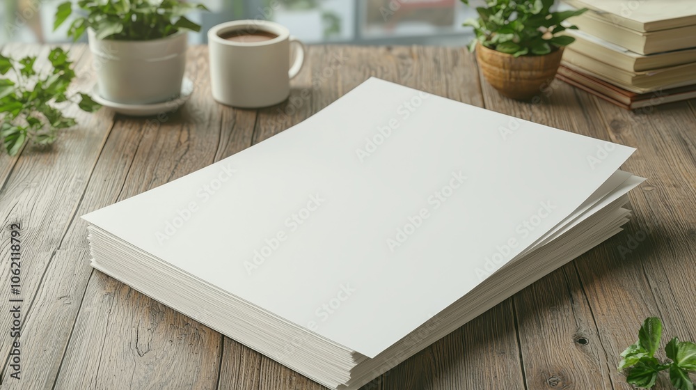 Minimalist White Paper Stack on Wooden Table with Green Plants, Tranquil Workspace Concept Minimalist White Paper Stack on Wooden Table with Green Plants, Tranquil Workspace Concept