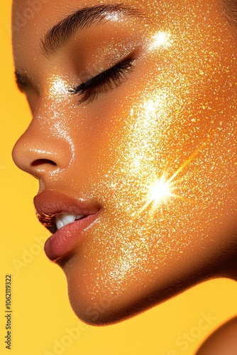 Stunning closeup of a model's face showcasing glowing skin and sparkling highlights, perfect for beauty and fashion themes.