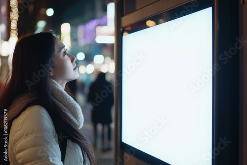 Woman looking at blank white billboard photo