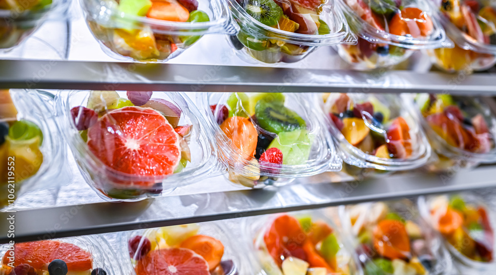 Fototapeta premium Boxes with pre-packaged fruit salads in a commercial fridge