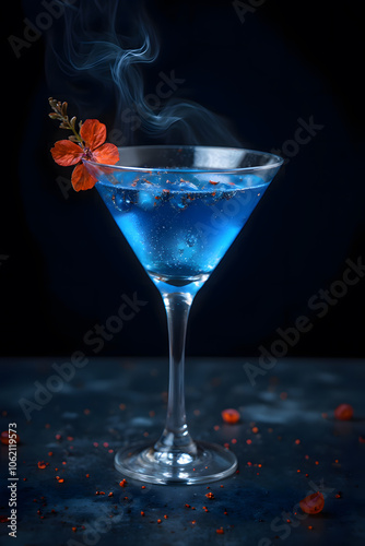 Wallpaper Mural Enchanting blue cocktail with smoke and floral garnish on dark background Torontodigital.ca