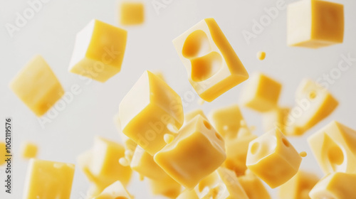 Floating cubes of yellow cheese in motion against a light background