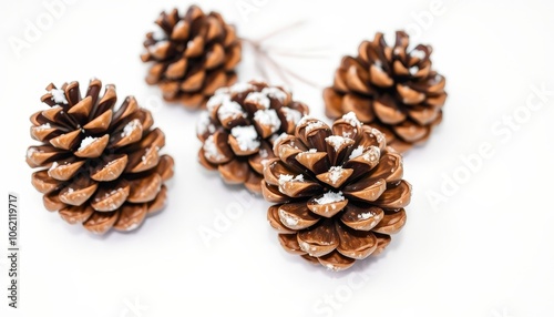 Natural pine cones dusted with snow, resting on a white background, adding a warm, rustic touch to the holiday concept with detailed textures.