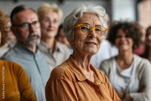 Portrait of senior woman in eyeglasses looking at camera with her friends in background