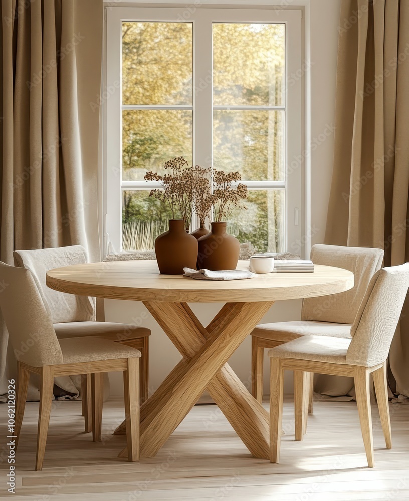 Modern Minimalist Dining Room with Natural Light and Elegant Touches.