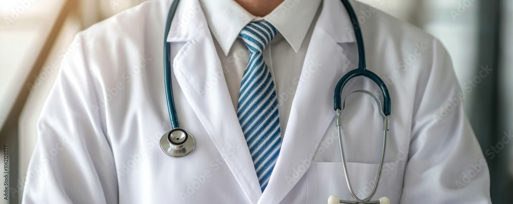 Doctor in a white coat with stethoscope, professional medical background. Doctor in a white coat with stethoscope, professional medical background.