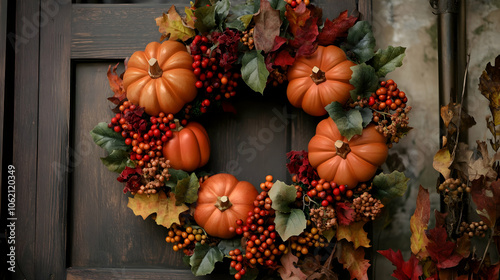 A decorative fall wreath adorned with mini pumpkins, berries, and autumn leaves, creating a warm and welcoming entryway display.