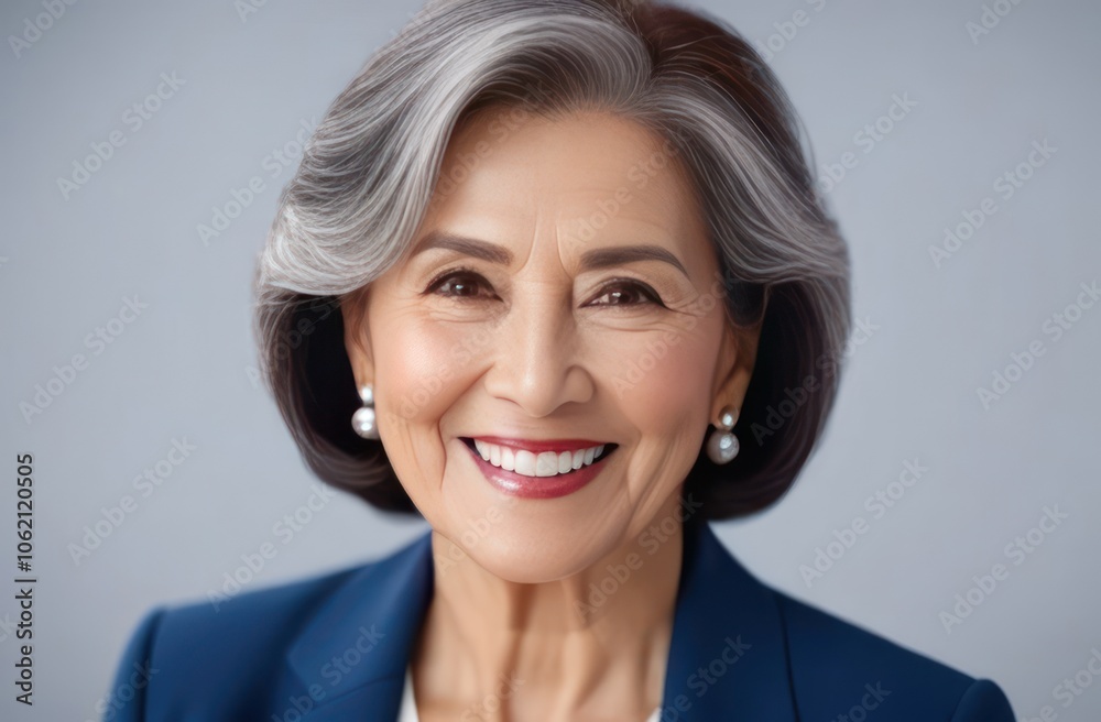 friendly Asian woman with gray hair and blue blazer smiling friendly Asian woman with gray hair and blue blazer smiling