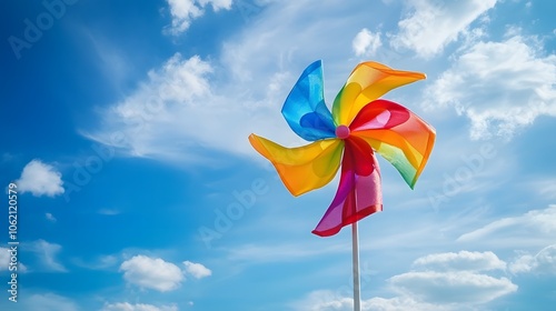Colorful pinwheel against a bright blue sky with white clouds, evoking a feeling of joy and summer.

