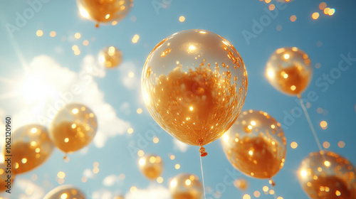 Golden balloons drifting under a bright blue sky during a joyful celebration