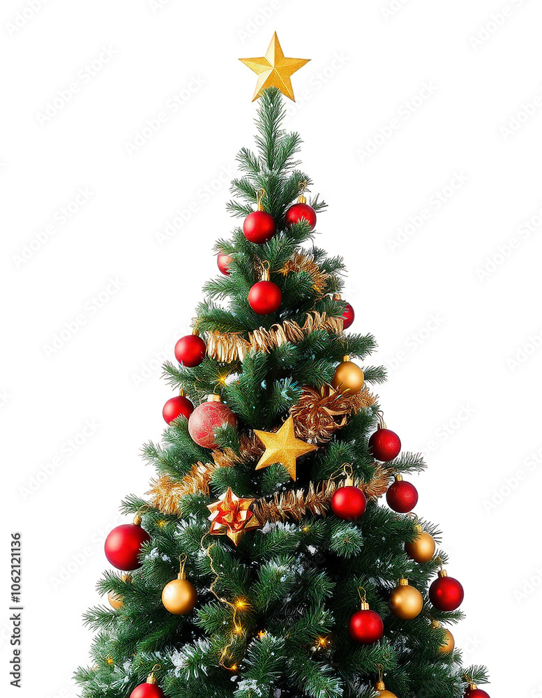 Christmas tree adorned with red and gold baubles, shiny tinsel, and twinkling lights, isolated on a transparent background, featuring a snowy frost and a gold star. Christmas tree adorned with red and gold baubles, shiny tinsel, and twinkling lights, isolated on a transparent background, featuring a snowy frost and a gold star.