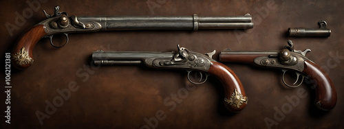 Display of Flintlock Pistols on a Worn Leather Background with Ample Copy Space