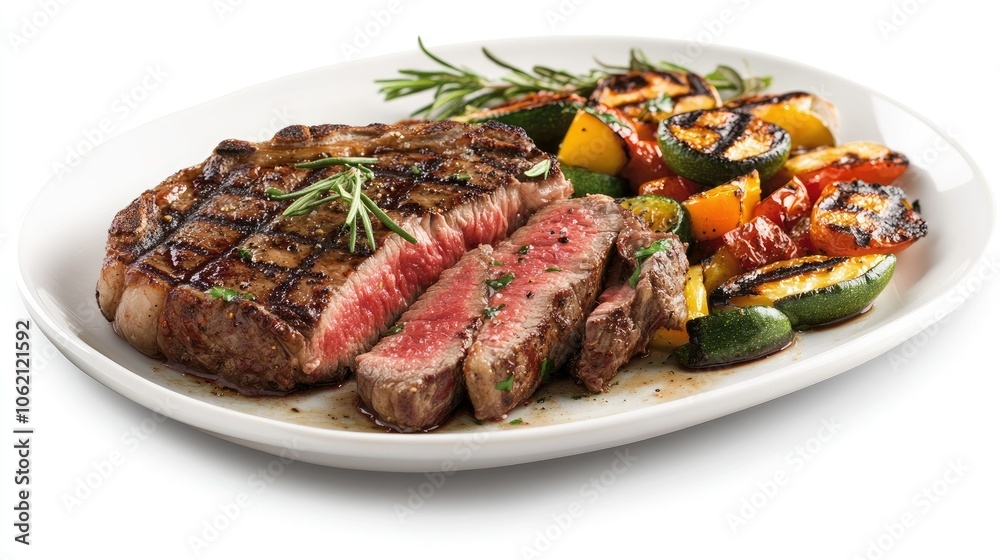 T-bone steak sliced to reveal a juicy medium-rare interior, paired with grilled vegetables for a hearty meal T-bone steak sliced to reveal a juicy medium-rare interior, paired with grilled vegetables for a hearty meal