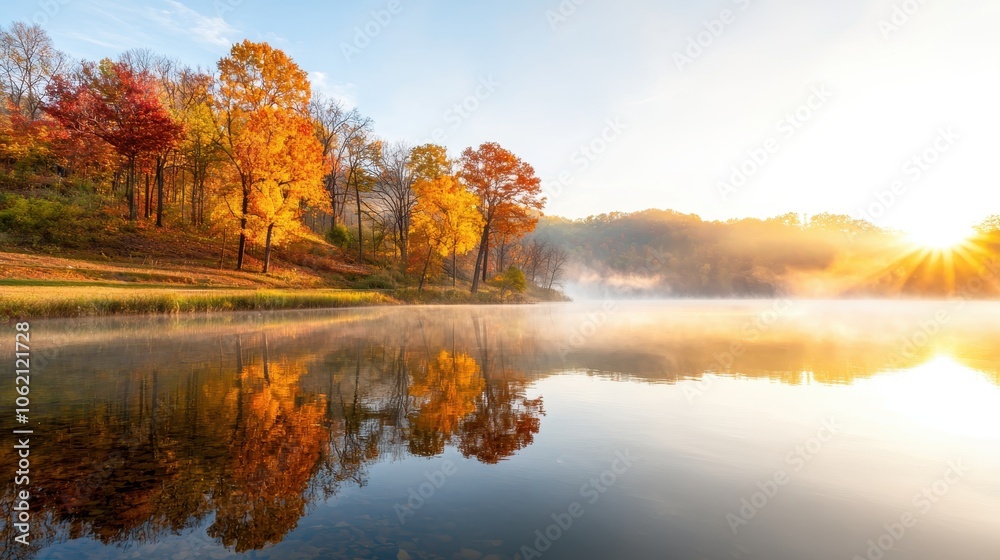 A serene sunrise over a misty lake, surrounded by vibrant autumn trees showcasing shades of orange and yellow. A serene sunrise over a misty lake, surrounded by vibrant autumn trees showcasing shades of orange and yellow.