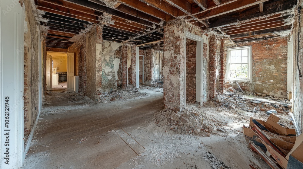 Wide view of a crumbling, abandoned building with structural damage and exposed beams Wide view of a crumbling, abandoned building with structural damage and exposed beams