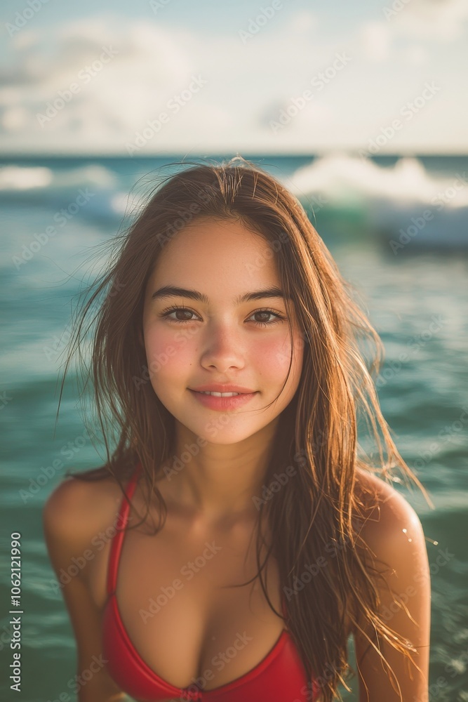 Sensual Beauty Close-Up of Woman in Red Bikini by Ocean, Tranquil Beach Portrait Sensual Beauty Close-Up of Woman in Red Bikini by Ocean, Tranquil Beach Portrait