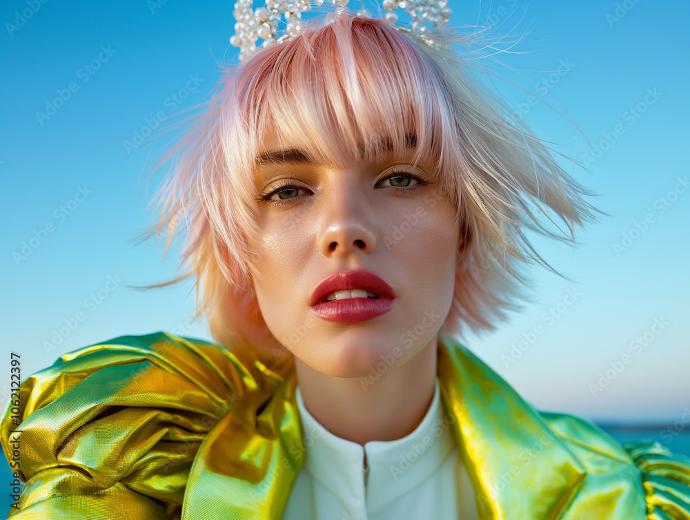 A portrait of a Japanese female model with striking pink hair and a futuristic pearl headpiece. Bold fashion look set against a clear blue sky, capturing vibrant and contemporary aesthetics. A portrait of a Japanese female model with striking pink hair and a futuristic pearl headpiece. Bold fashion look set against a clear blue sky, capturing vibrant and contemporary aesthetics.