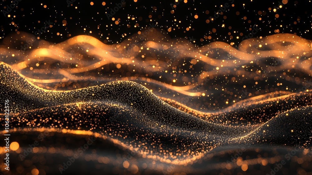 A shimmering wave of golden particles dances in the dark, creating an ethereal and captivating visual effect. A shimmering wave of golden particles dances in the dark, creating an ethereal and captivating visual effect.