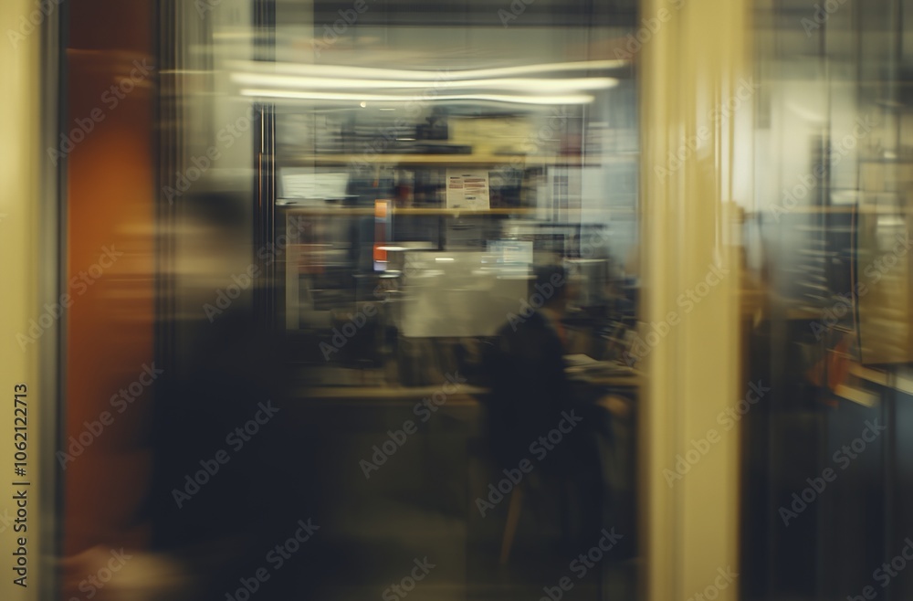 Blurry office space with a modern glass door Blurry office space with a modern glass door