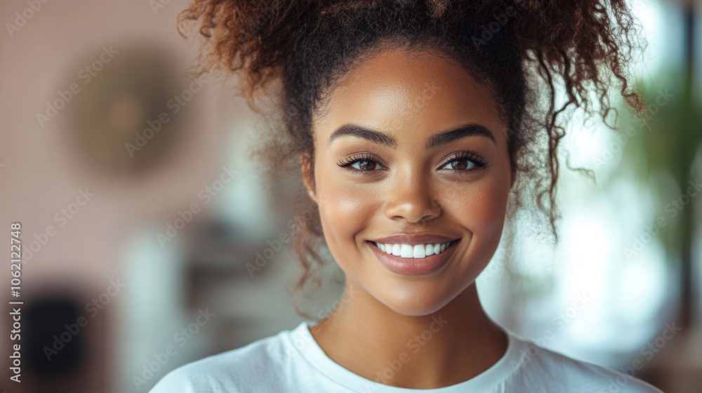 Young woman smiling brightly indoors in modern, cozy space during daytime Young woman smiling brightly indoors in modern, cozy space during daytime