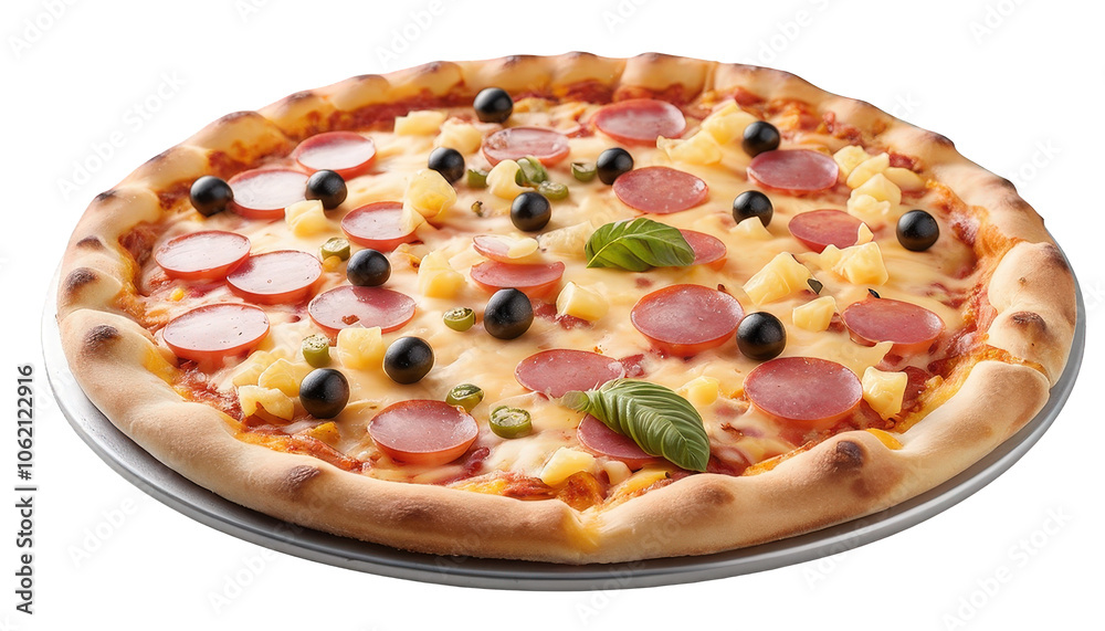 Mouth-watering pizza with golden, crispy crust, melted cheese, pepperoni, colorful vegetables, and herbs on a transparent background, emphasizing its savory appeal.
