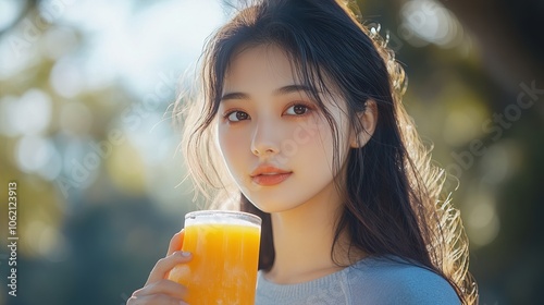 Beautiful Asian Woman Gym Outfit With Long Hair Drinking Orange Juice