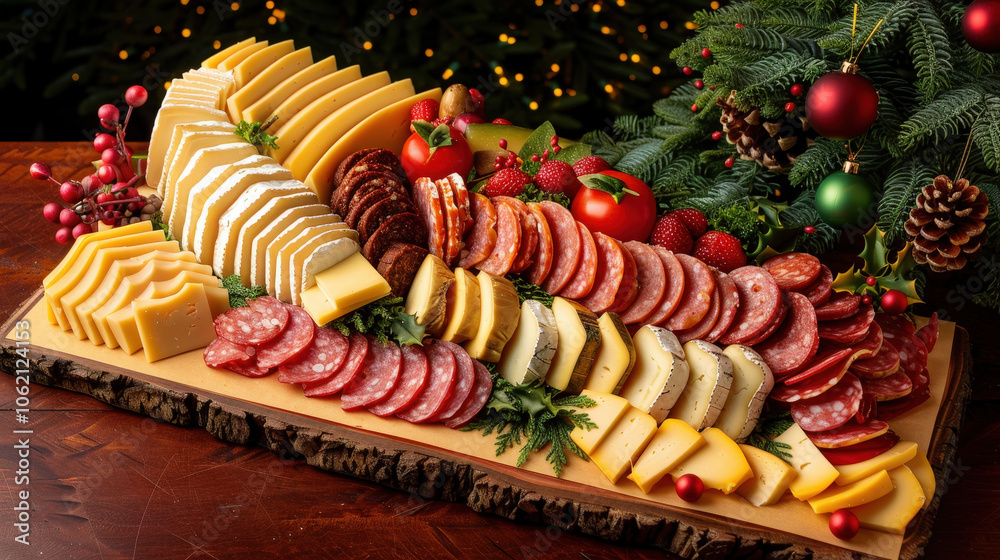 beautifully arranged cheese platter and charcuterie board featuring various cheeses, cured meats, fresh fruits, and decorative greenery, perfect for festive gatherings beautifully arranged cheese platter and charcuterie board featuring various cheeses, cured meats, fresh fruits, and decorative greenery, perfect for festive gatherings