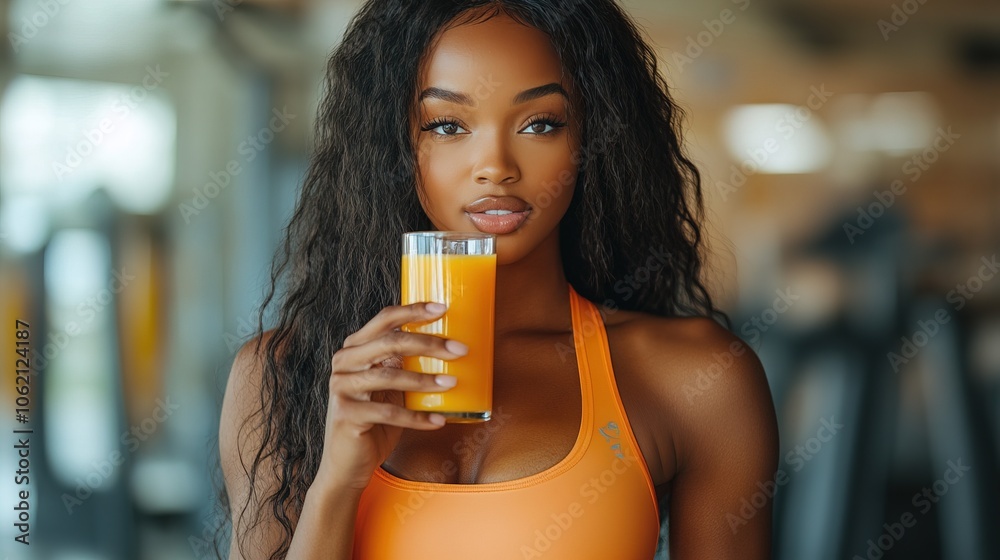 Beautiful Black Woman Gym Outfit With Long Hair Drinking Orange Juice Beautiful Black Woman Gym Outfit With Long Hair Drinking Orange Juice