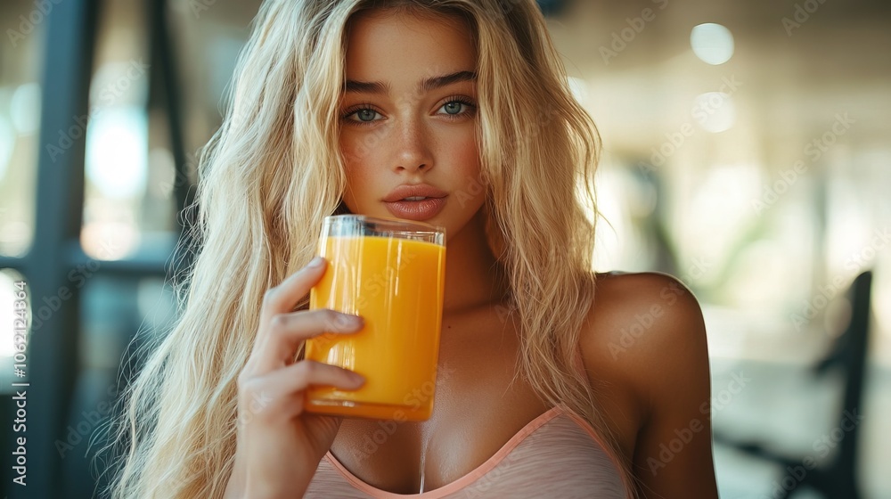 Beautiful Blonde Woman Gym Outfit With Long Hair Drinking Orange Juice