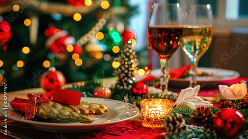 beautifully decorated table for New Years dinner, featuring elegant plates, festive ornaments, and sparkling glasses. warm ambiance creates joyful atmosphere for celebration