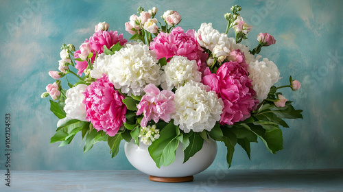 A vibrant floral arrangement of pink and white peonies in a white vase placed on a bright, airy surface.