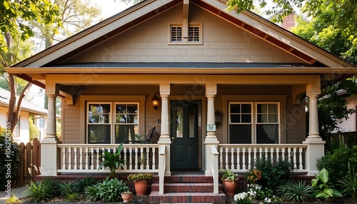 A picturesque Craftsman bungalow wallpaper featuring a low-pitched roof, exposed beams, and a cozy front porch adorned with plants, representing the charm of Pasadena, California.