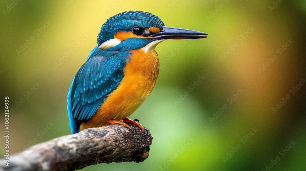 A vibrant blue and orange kingfisher perches on a branch, its sharp beak pointed forward, in a natural setting with a blurred green background. A vibrant blue and orange kingfisher perches on a branch, its sharp beak pointed forward, in a natural setting with a blurred green background.