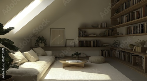 Stylish modern wooden bookcase in an attic, featuring shelves filled with books and adorned with plants, creating a cozy reading nook. 