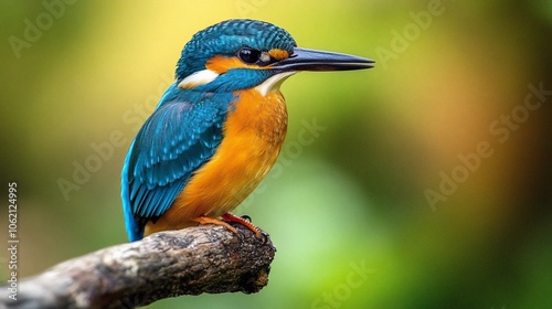 A vibrant blue and orange kingfisher perches on a branch, its sharp beak pointed forward, in a natural setting with a blurred green background.