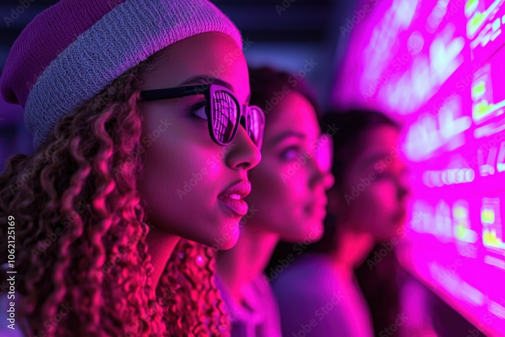 Young Women Explore Vibrant Neon Lights While Engaging in Modern Technology and Culture with a Sense of Curiosity and Connection