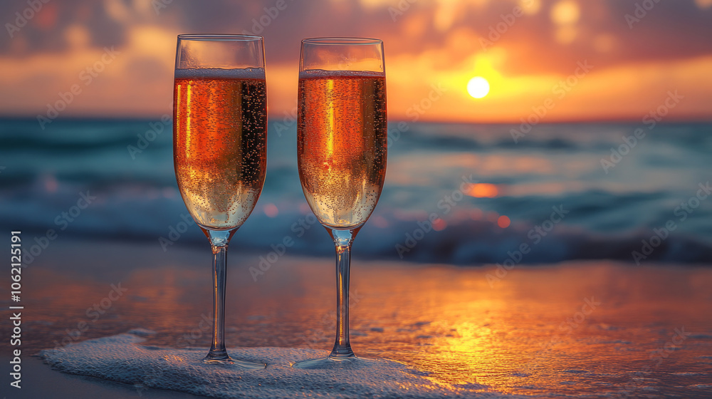 Champagne glasses on a beach at sunset with gentle ocean waves Champagne glasses on a beach at sunset with gentle ocean waves