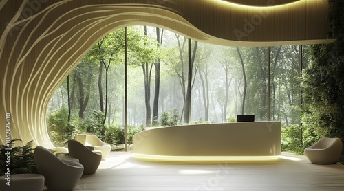 An elegant and modern reception area designed for an aesthetic clinic, featuring minimalist curved walls and stylish white furniture complemented by warm wood paneling and greenery. 