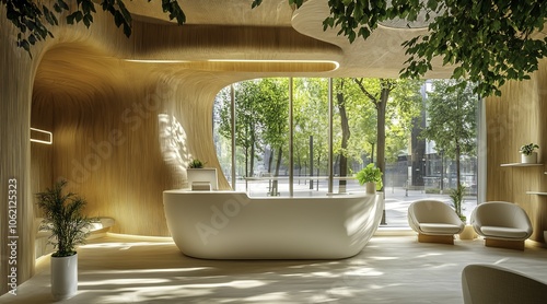An elegant and modern reception area designed for an aesthetic clinic, featuring minimalist curved walls and stylish white furniture complemented by warm wood paneling and greenery. 