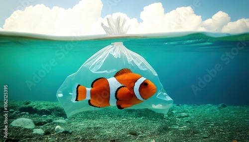 Clownfish trapped in plastic Pollution in oceans concept  photo