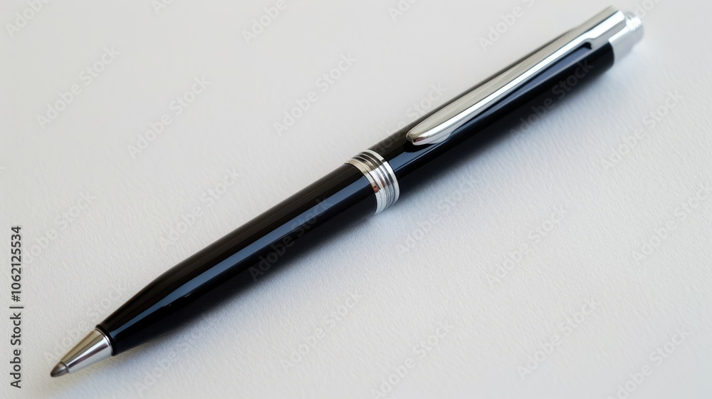 A black grip and silver body ballpoint pen on a white surface. A black grip and silver body ballpoint pen on a white surface.