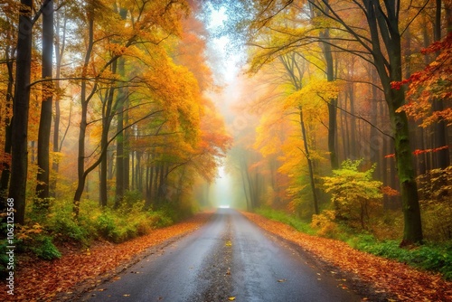 Autumn foggy forest road disappearing into the mist