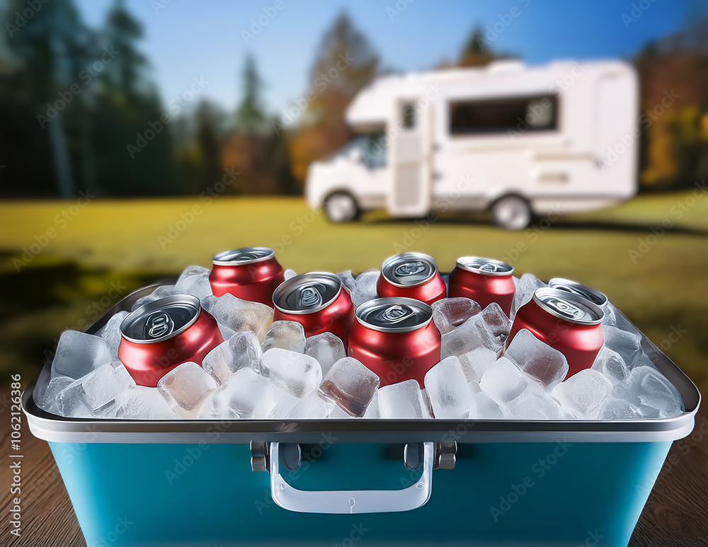 Eisgekühlte Getränkedosen vor einem Camper