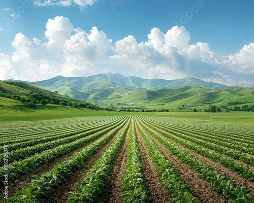 Tranquil Symmetry Green Crops and Rolling Hills in Harmonious Balance under Clear Blue Skies - Serene Agricultural Landscape