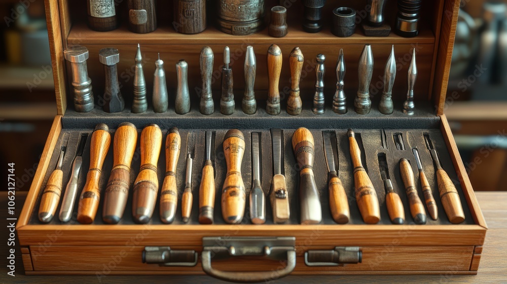 Vector Illustration of wood carving tools in small craft box in vibrant colors. 3D render. highly detailed, high resolution for magazine Vector Illustration of wood carving tools in small craft box in vibrant colors. 3D render. highly detailed, high resolution for magazine