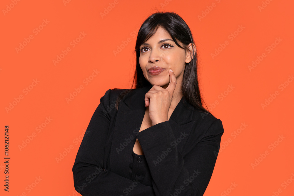 Contemplating a bright future in front of a vibrant orange backdrop at a creative studio Contemplating a bright future in front of a vibrant orange backdrop at a creative studio