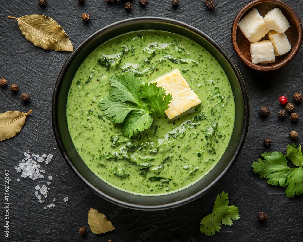Vibrant Green Spinach Soup with Cheese and Cilantro on Slate Background - Fresh and Comforting Culinary Delight Vibrant Green Spinach Soup with Cheese and Cilantro on Slate Background - Fresh and Comforting Culinary Delight