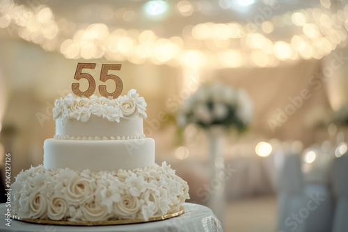 Elegant white cake decorated with roses for a 55th birthday celebration photo