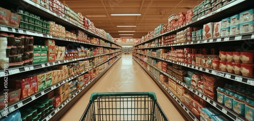 Vibrant Grocery Store Aisle with Central Green Shopping Cart, Colorful Products, and Receding Shelves - Modern Shopping Experience Concept