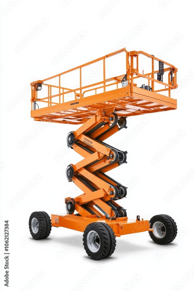 Vibrant Orange Scissor Lift in Industrial Setting - High-Contrast Product Showcase with GEDA Branding and Sleek Design for Construction Marketing Vibrant Orange Scissor Lift in Industrial Setting - High-Contrast Product Showcase with GEDA Branding and Sleek Design for Construction Marketing